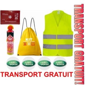 Set Kit siguranta auto cu saculet compact ce contine - Stingator spray 1kg, Trusa Medicala omolgata R.A.R, vesta reflectorizanta, stickere LAND ROVER, compatibil cu orice autoturism