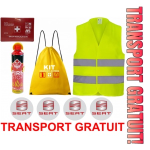 Set Kit siguranta auto cu saculet compact ce contine - Stingator spray 1kg, Trusa Medicala omolgata R.A.R, vesta reflectorizanta, stickere SEAT , compatibil cu orice autoturism