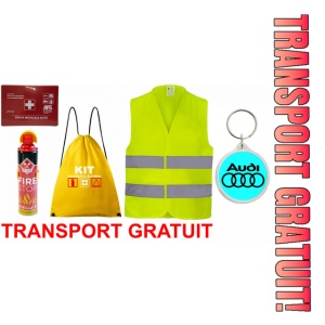 Set Kit siguranta auto cu saculet compact ce contine - Stingator spray 1kg, Trusa Medicala omolgata R.A.R, vesta reflectorizanta, Breloc cadou AUDI , compatibil cu orice autoturism