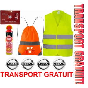 Set Kit siguranta auto cu saculet compact ce contine - Stingator spray 1kg, Trusa Medicala omolgata R.A.R, Vesta Reflectorizanta, Stickere Cadou NISSAN, compatibil cu orice autoturism