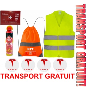 Set Kit siguranta auto cu saculet compact ce contine - Stingator spray 1kg, Trusa Medicala omolgata R.A.R, Vesta Reflectorizanta, Stickere Cadou TESLA, compatibil cu orice autoturism