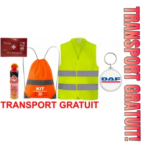 Set Kit siguranta auto cu saculet compact ce contine - Stingator spray 1kg, Trusa Medicala omolgata R.A.R, Vesta Reflectorizanta, Breloc Cadou DAF, compatibil cu orice autoturism.