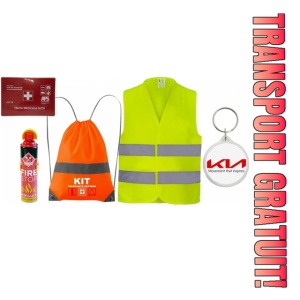 Set Kit siguranta auto cu saculet compact ce contine - Stingator spray 1kg, Trusa Medicala omolgata R.A.R, Vesta Reflectorizanta, Breloc Cadou KIA, compatibil cu orice autoturism.