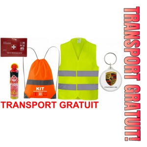 Set Kit siguranta auto cu saculet compact ce contine - Stingator spray 1kg, Trusa Medicala omolgata R.A.R, Vesta Reflectorizanta, Breloc Cadou PORSCHE, compatibil cu orice autoturism.