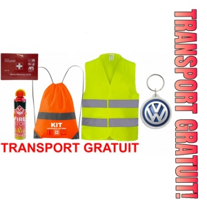 Set Kit siguranta auto cu saculet compact ce contine - Stingator spray 1kg, Trusa Medicala omolgata R.A.R, Vesta Reflectorizanta, Breloc Cadou VOLVO, compatibil cu orice autoturism.