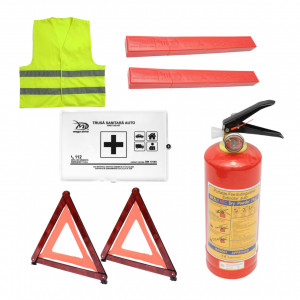 Set Kit siguranta auto omologat R.A.R, Stingator cu manometru 1kg P1 , Trusa Medicala, 2 Triunghiuri Reflectorizante - kit compatibil cu orice autoturism accesorii pentru autoturismul tau - masina v105803