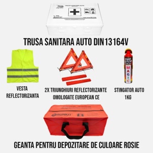 Set Kit siguranta auto omologat R.A.R, Stingator cu manometru 1kg P1 , Trusa Medicala, 2 Triunghiuri Reflectorizante, Stickere Cadou BMW, geanta color - ROSIE- kit compatibil cu orice autoturism - Img 3