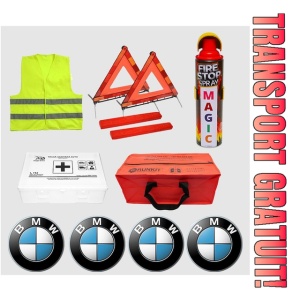 Set Kit siguranta auto omologat R.A.R, Stingator cu manometru 1kg P1 , Trusa Medicala, 2 Triunghiuri Reflectorizante, Stickere Cadou BMW, geanta color - ROSIE- kit compatibil cu orice autoturism