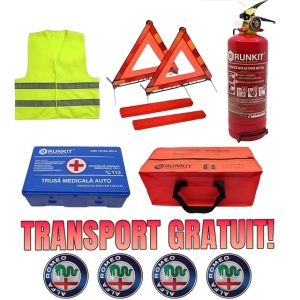 Set Kit siguranta auto omologat R.A.R, Stingator cu manometru 1kg P1 , Trusa Medicala, 2 Triunghiuri Reflectorizante, Stickere Cadou ALFA ROMEO, geanta color - albastra - kit compatibil cu orice autoturism