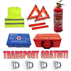 Set Kit siguranta auto omologat R.A.R, Stingator cu manometru 1kg P1 , Trusa Medicala, 2 Triunghiuri Reflectorizante, geanta color - albastra + Stickere Cadou DACIA- kit compatibil cu orice autoturism