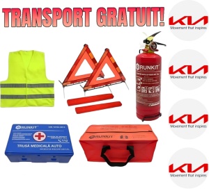 Set Kit siguranta auto omologat R.A.R, Stingator cu manometru 1kg P1 , Trusa Medicala, 2 Triunghiuri Reflectorizante, geanta color - albastra + Stickere Cadou KIA- kit compatibil cu orice autoturism
