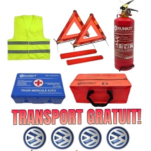 Set Kit siguranta auto omologat R.A.R, Stingator cu manometru 1kg P1 , Trusa Medicala, 2 Triunghiuri Reflectorizante, geanta color - albastra + Stickere Cadou VOLKSWAGEN- kit compatibil cu orice autoturism