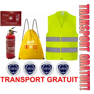 Set Kit siguranta auto OMOLOGAT RAR cu saculet compact ce contine - Stingator cu manometru P1 1kg, Trusa Medicala , Vesta Reflectorizanta, Stickere Cadou LANCIA. Compatibil cu orice autoturism.