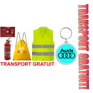 Set Kit siguranta auto OMOLOGAT RAR cu saculet compact ce contine - Stingator cu manometru P1 1kg, Trusa Medicala , Vesta Reflectorizanta, Breloc Cadou AUDI . Compatibil cu orice autoturism.