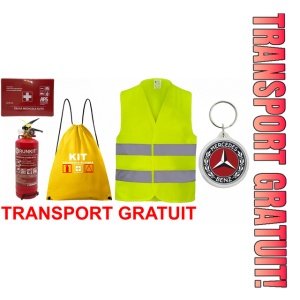Set Kit siguranta auto OMOLOGAT RAR cu saculet compact ce contine - Stingator cu manometru P1 1kg, Trusa Medicala , Vesta Reflectorizanta, Breloc Cadou MERCEDES. Compatibil cu orice autoturism.