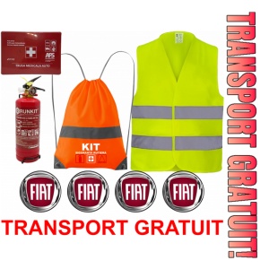 Set Kit siguranta auto OMOLOGAT RAR cu saculet compact ce contine - Stingator cu manometru P1 1kg, Trusa Medicala , Vesta Reflectorizanta, Stickere Cadou FIAT. Compatibilitate cu orice autoturism
