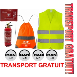 Set Kit siguranta auto OMOLOGAT RAR cu saculet compact ce contine - Stingator cu manometru P1 1kg, Trusa Medicala , Vesta Reflectorizanta, Stickere Cadou MAN. Compatibilitate cu orice autoturism