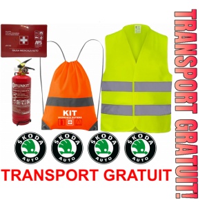 Set Kit siguranta auto OMOLOGAT RAR cu saculet compact ce contine - Stingator cu manometru P1 1kg, Trusa Medicala , Vesta Reflectorizanta, Stickere Cadou SKODA. Compatibilitate cu orice autoturism