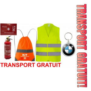Set Kit siguranta auto OMOLOGAT RAR cu saculet compact ce contine - Stingator cu manometru P1 1kg, Trusa Medicala , Vesta Reflectorizanta, Breloc Cadou BMW. Compatibilitate cu orice autoturism
