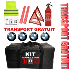 Set Kit - Trusa siguranta auto omologat R.A.R, Stingator cu manometru 1kg P1 , Trusa Medicala, 2 Triunghiuri Reflectorizante , 4 stickere autoadezive BMW