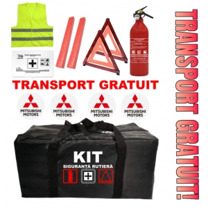 Set Kit - Trusa siguranta auto omologat R.A.R, Stingator cu manometru 1kg P1 , Trusa Medicala, 2 Triunghiuri Reflectorizante , 4 stickere autoadezive Mitsubishi