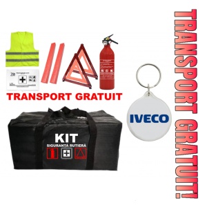 Set Kit - Trusa siguranta auto omologat R.A.R, Stingator cu manometru 1kg P1 , Trusa Medicala, 2 Triunghiuri Reflectorizante , 1 Breloc IVECO