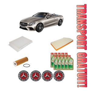 Set Pachet filtre revizie Bosch, 10 litrii ulei Castrol 0W20 MERCEDES-BENZ E-CLASS Convertible (A238) E 450 EQ Boost 4-matic (238.459) din 2020, 4x Stickere auto cu MERCEDES-BENZ