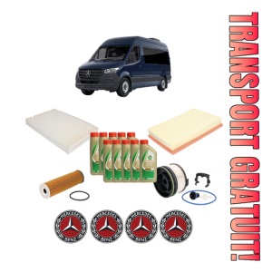 Set Pachet filtre revizie Bosch, 10 litrii ulei Castrol 5W40 MERCEDES-BENZ SPRINTER 3,5-t Van (B907, B910) 317 CDI RWD (907.631, 907.633, 907.635, 907.637) din 2020, 4x Stickere auto cu MERCEDES-BENZ