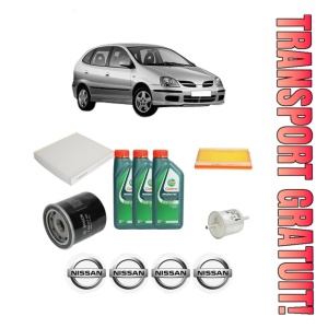 Set Pachet filtre revizie Bosch, 3 litrii ulei Castrol 10W40 NISSAN ALMERA TINO (V10) 1.8 din 2000-2006, 4x Stickere auto cu NISSAN