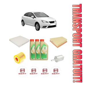 Set Pachet filtre revizie Bosch, 3 litrii ulei Castrol 5W30 SEAT IBIZA IV SC (6J1, 6P5) 1.2 din 2008-2015, 4x Stickere auto cu SEAT