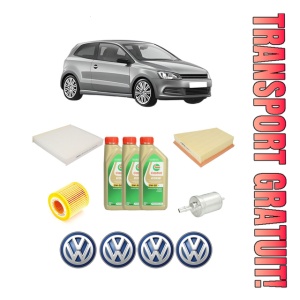 Set Pachet filtre revizie Bosch, 3 litrii ulei Castrol 5W30 Volkswagen POLO V (6R1, 6C1) 1.2 din 2009-2014, 4x Stickere auto cu Volkswagen