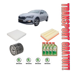 Set Pachet filtre revizie Bosch, 4 litrii ulei Castrol 0W20 SKODA SCALA (NW1) 1.0 TSI din 2019, 4x Stickere auto cu SKODA