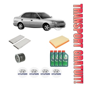 Set Pachet filtre revizie Bosch, 4 litrii ulei Castrol 10W40 HYUNDAI ACCENT II Saloon (LC) 1.6 din 2002-2005, 4x Stickere auto cu HYUNDAI