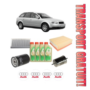 Set Pachet filtre revizie Bosch, 4 litrii ulei Castrol 5W30 AUDI A4 B6 Avant (8E5) 1.6 din 2001-2004, 4x Stickere auto cu AUDI