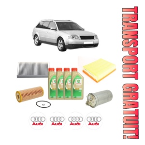 Set Pachet filtre revizie Bosch, 4 litrii ulei Castrol 5W30 AUDI A6 C5 Avant (4B5, 4B6) 1.9 TDI din 2001-2005, 4x Stickere auto cu AUDI