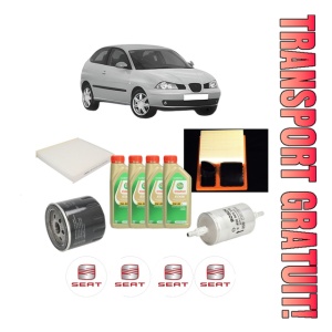 Set Pachet filtre revizie Bosch, 4 litrii ulei Castrol 5W30 SEAT IBIZA III (6L1) 1.4 16V din 2006-2009, 4x Stickere auto cu SEAT