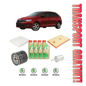 Set Pachet filtre revizie Bosch, 4 litrii ulei Castrol 5W30 SKODA RAPID Spaceback (NH1) 1.4 TSI din 2015-2019, 4x Stickere auto cu SKODA
