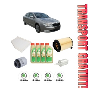 Set Pachet filtre revizie Bosch, 4 litrii ulei Castrol 5W30 SKODA SUPERB II (3T4) 1.4 TSI din 2008-2015, 4x Stickere auto cu SKODA