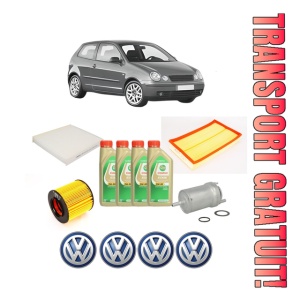 Set Pachet filtre revizie Bosch, 4 litrii ulei Castrol 5W30 Volkswagen POLO IV (9N_, 9A_) 1.4 16V din 2001-2008, 4x Stickere auto cu Volkswagen