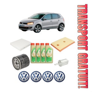 Set Pachet filtre revizie Bosch, 4 litrii ulei Castrol 5W30 Volkswagen POLO Van V (6R1, 6C1) 1.2 TSI din 2014-2017, 4x Stickere auto cu Volkswagen