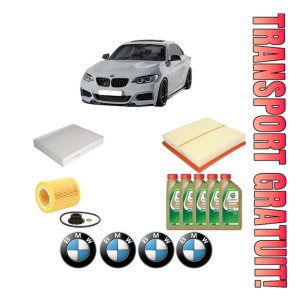 Set Pachet filtre revizie Bosch, 5 litrii ulei Castrol 0W20 BMW Seria 2 Coupe (F22, F87) 228 i din 2014-2016, 4x Stickere auto cu BMW