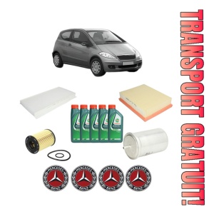 Set Pachet filtre revizie Bosch, 5 litrii ulei Castrol 10W40 MERCEDES-BENZ A-CLASS (W169) A 160 (169.031, 169.331) din 2009-2012, 4x Stickere auto cu MERCEDES-BENZ