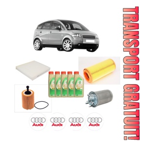 Set Pachet filtre revizie Bosch, 5 litrii ulei Castrol 5W30 AUDI A2 (8Z0) 1.4 TDI din 2000-2005, 4x Stickere auto cu AUDI