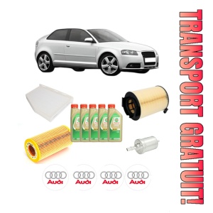 Set Pachet filtre revizie Bosch, 5 litrii ulei Castrol 5W30 AUDI A3 (8P1) 2.0 FSI din 2003-2008, 4x Stickere auto cu AUDI