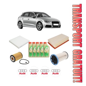 Set Pachet filtre revizie Bosch, 5 litrii ulei Castrol 5W30 AUDI A3 Sportback (8VA, 8VF) 30 TDI din 2018-2020, 4x Stickere auto cu AUDI