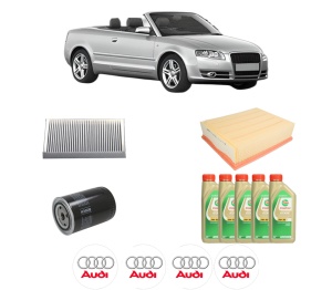 Set Pachet filtre revizie Bosch, 5 litrii ulei Castrol 5W30 AUDI A4 B6 Convertible (8H7) 1.8 T quattro din 2003-2005, 4x Stickere auto cu AUDI - Img 2
