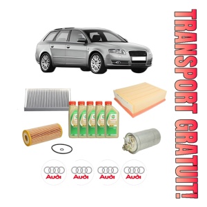 Set Pachet filtre revizie Bosch, 5 litrii ulei Castrol 5W30 AUDI A4 B7 Avant (8ED) 1.9 TDI din 2004-2008, 4x Stickere auto cu AUDI