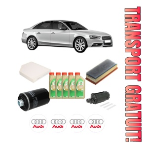 Set Pachet filtre revizie Bosch, 5 litrii ulei Castrol 5W30 AUDI A4 B8 (8K2) 2.0 TFSI din 2008-2015, 4x Stickere auto cu AUDI