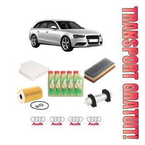 Set Pachet filtre revizie Bosch, 5 litrii ulei Castrol 5W30 AUDI A4 B8 Avant (8K5) 2.0 TDI din 2011-2015, 4x Stickere auto cu AUDI