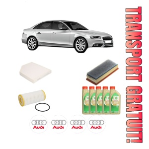 Set Pachet filtre revizie Bosch, 5 litrii ulei Castrol 5W30 AUDI A4 B8 (8K2) 1.8 TFSI quattro din 2011-2015, 4x Stickere auto cu AUDI